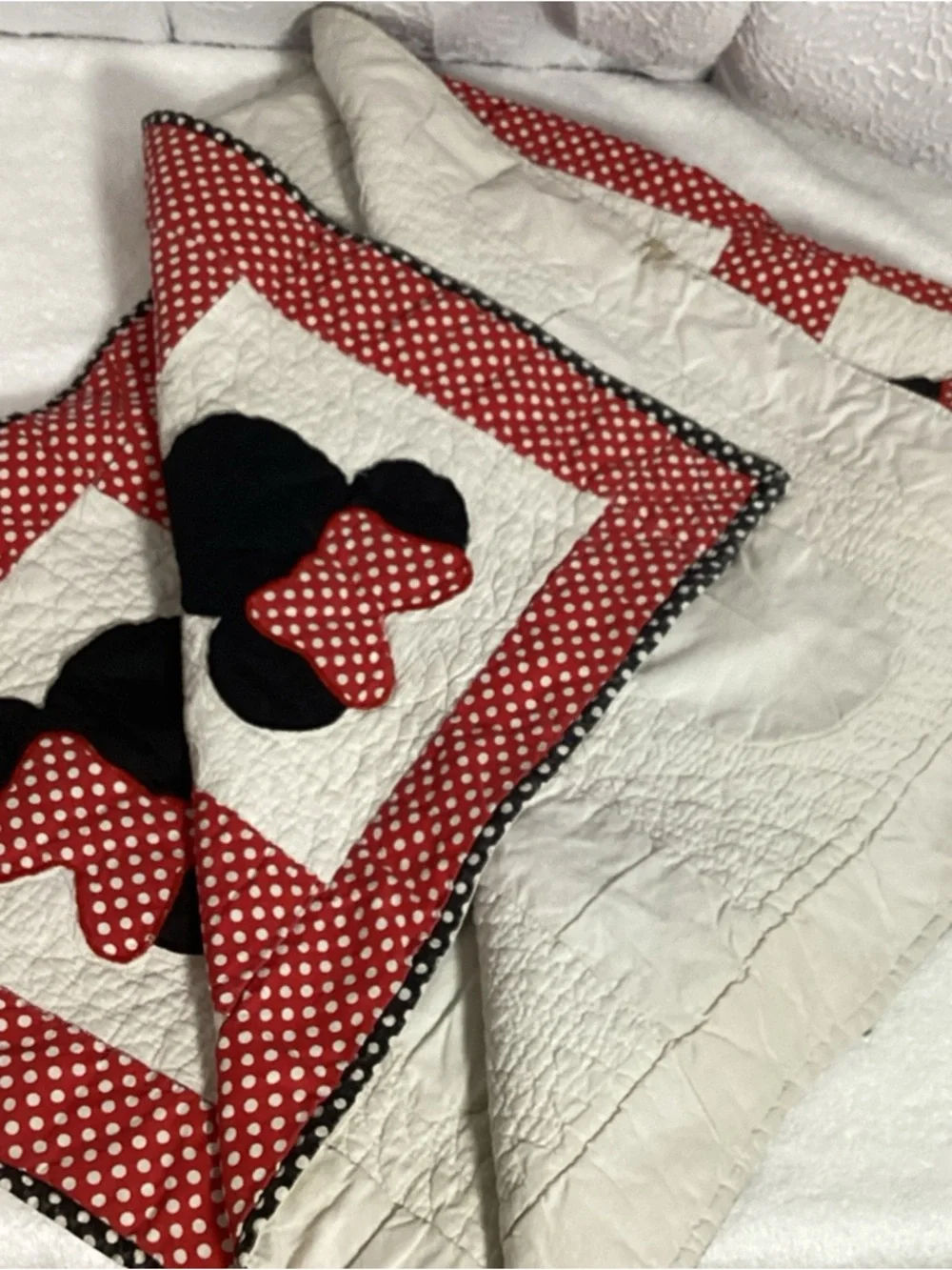Vintage Handmade Minnie Mouse Themed Baby Quilt Red White Black Polka Dots